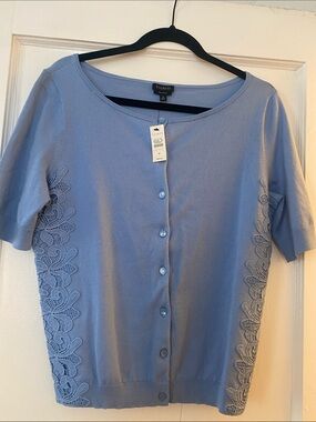Talbots Light Lavender Blue Short-Sleeve Button Cardigan with Lace Sides